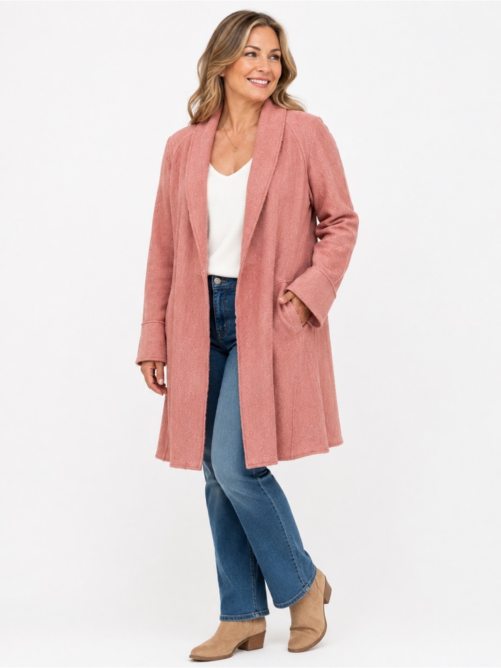 Tahari Women’s M Rose Pink Wool Blend Long Open Front Cardigan Coat 53% Wool